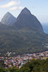 Fototapeta na wymiar The colorful town of Soufriere is nestled at the base of the Pitons in St. Lucia