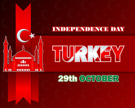 Independence day template with Star and Crescent and Turkish mosque as symbols, on colors flag for Independence Day/Republic Day, national holiday of Turkey; Space for text
