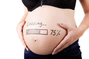 Pregnant woman with loading concept painted on her belly