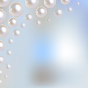Pearls vector bokeh in the corner on a light blue bokeh fog background.