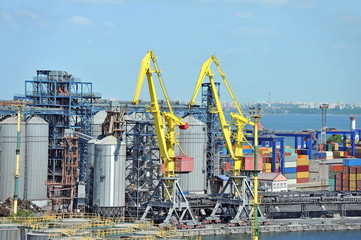 Cargo crane and grain dryer in port Odessa, Ukraine