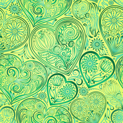 Valentine Day seamless background with hearts and flowers. Hand drawing floral motif vintage vector EPS-8 texture. The ability to change colors without loss of seamlessness.
