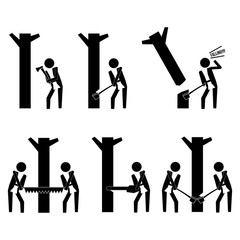 woodcutter carpenter chopping and cutting wood icon symbol sign infographic vector