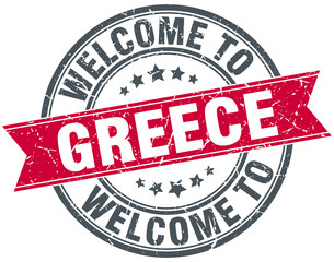 welcome to Greece red round vintage stamp