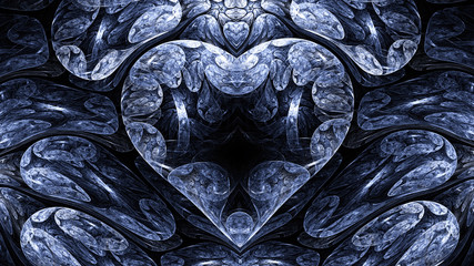 Fototapeta na wymiar Abstract image. Cold mysterious psychedelic heart. Sacred geometry Valentine. Fractal Wallpaper pattern desktop. Digital artwork creative graphic design. Format 16:9 widescreen monitors.