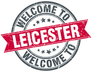 welcome to Leicester red round vintage stamp