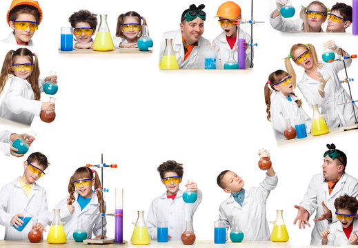 The collage from images of boys and girls as chemist doing experiment 