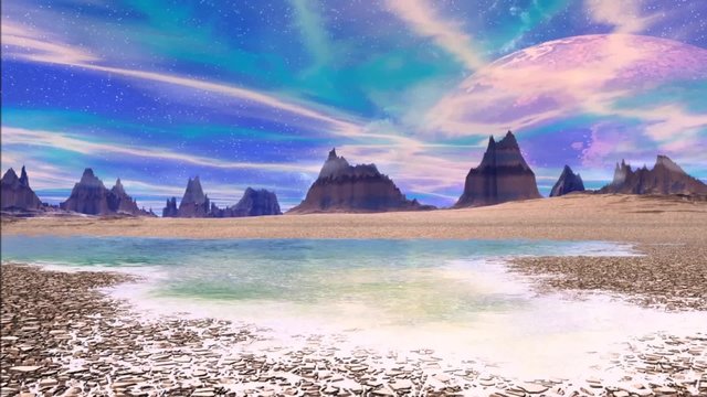 Rocks and  lake. Landscape of stranger planet