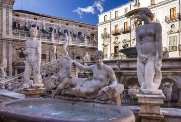 Palermo Fontana Pretoria, Sicily, Italy. Historical buildings
