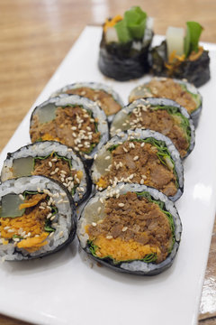 Korean spicy pork rice rolls (Gimbap)