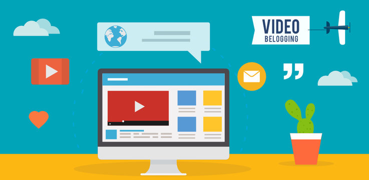 Online video blog design concept set with blogger media flat icons vector illustration
