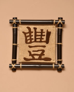 the asian hieroglyphs with bamboo frame  isolated on the color background