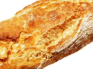 Closeup view of Fresh Baguette, over the white background.
