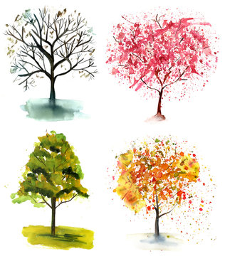 A set of abstract watercolor trees in various seasons