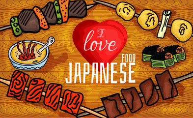 Naklejki  Ilustracja wektorowa kocham japońskie jedzenie.