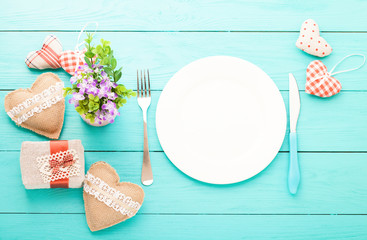  Romantic dinner,flowers and hearts on wooden background. Mock up and copy space