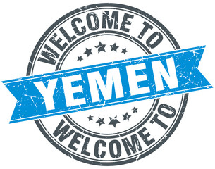 welcome to Yemen blue round vintage stamp