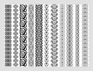 Indian Henna Border decoration elements patterns in black and white colors. Popular ethnic border in one mega pack set collections. Vector illustrations.Could be used as divider, frame, etc