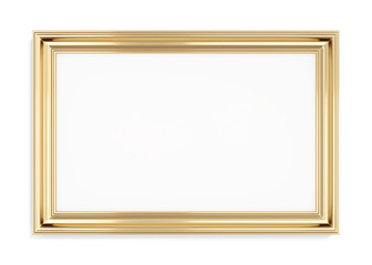 Rectangular gold picture frame on a white background. 3d renderi