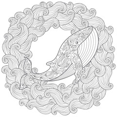 Hand drawn whale in the waves for anti stress Coloring Page