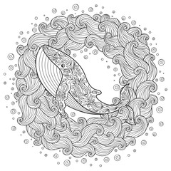 Hand drawn whale in the waves for anti stress Coloring Page