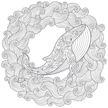 Hand drawn whale in the waves for anti stress Coloring Page