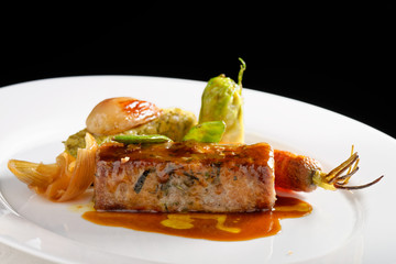 Baked lamb with bacon and vegetable