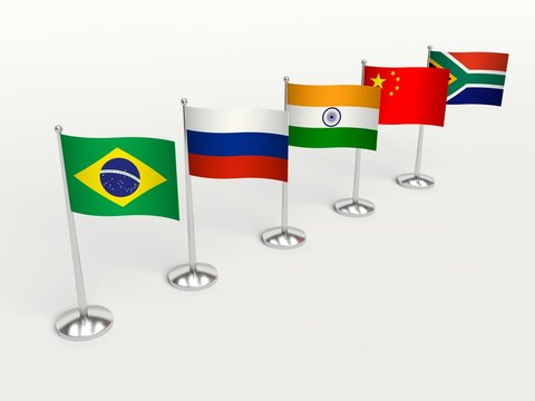 BRICS economics. small Flags countries. 3d illustration on a white background.