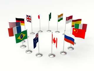 small Flags countries in a circle. 3d illustration on a white background.