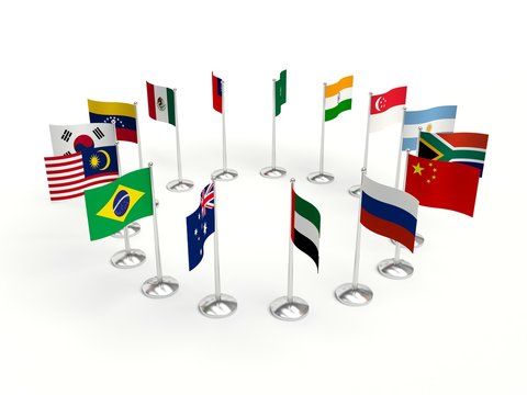 Emerging markets countries small Flags in a circle. 3d illustration on a white background.