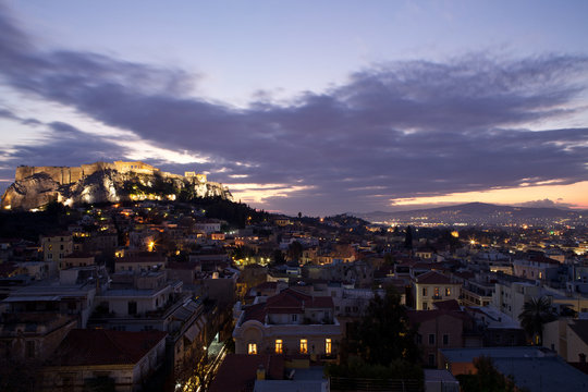 Acropoli e Atene città al tramonto