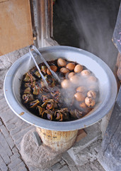 Pork meat and eggs display at Xitang ancient town.