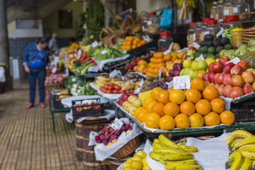 FUNCHAL, PORTUGAL - JUNE 25: Fresh exotic fruits in Mercado Dos
