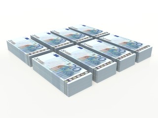 twenty euros banknote. stacked notes on a white background 
