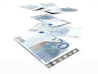 twenty euros banknote. stacked notes on a white background 