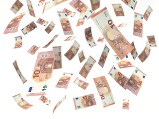 Fototapeta na wymiar ten euros banknote, Stacks falling on a white background. 3D illustration