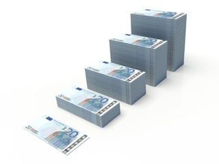 twenty euros banknote, graphic bars. stacked notes on a white background 