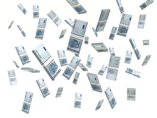 twenty euros banknote, Stacks falling on a white background. 3D illustration