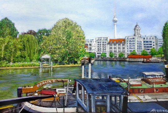 Historischer Hafen in Berlin Mitte / Blick auf den Berliner Fernsehturm / Ölgemälde Berlin Mitte