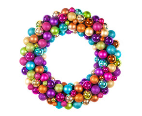 christmas wreath with decoration balls isolated on white backgro