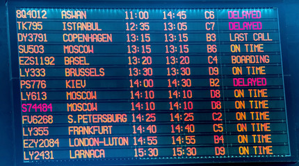 Flight information board in Ben Gurion international airport .  Terminal 3
