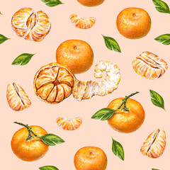 Tangerines. Watercolor drawing. Ripe peeled tangerine. Handwork. Tropical fruit. Healthy food. Seamless pattern for design.