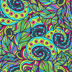 Vector spiral and wavy leaves doodle pattern. Abstract doodle pattern hand drawn for textile design, web design, wallpapers and backgrounds. Notebook cover, wrapping, packaging.