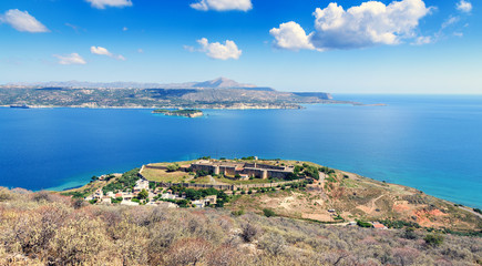 View on sea bay and old venitian fortress in Aptera on Crete island