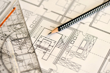 Bauzeichnung, Geodreieck, Bleistift, Konstruktion, Bauplan, Architektur, Lineal, Genauigkeit, Präzision, technisches Zeichnen