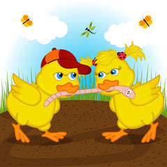 ducklings are fighting for worm - vector illustration, eps