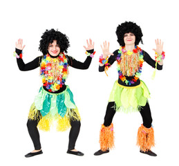 Two actresses in native costumes and wigs isolated on white