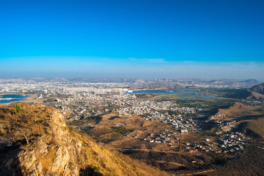 Aravalli mountains near Udaipur. Aerial view to Udaipur city, Rajasthan, India