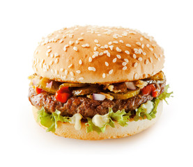 Delicious hamburger on a sesame bun