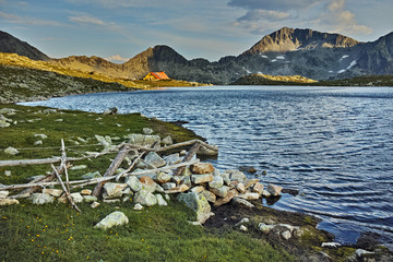 Sunset panorama of Tevno Lake and Kamenitsa peak, Pirin mountain, Bulgaria